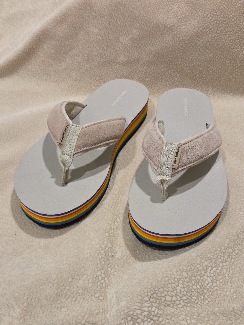 Tory Burch 70s Suede Gray Rainbow-Trim Platform Sandals, Size 9